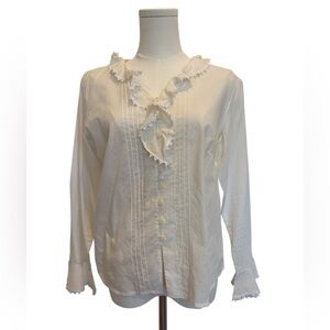 Vtg Liz Claiborne Ruffled Blouse White Bell Sleeve Top Size Medium
